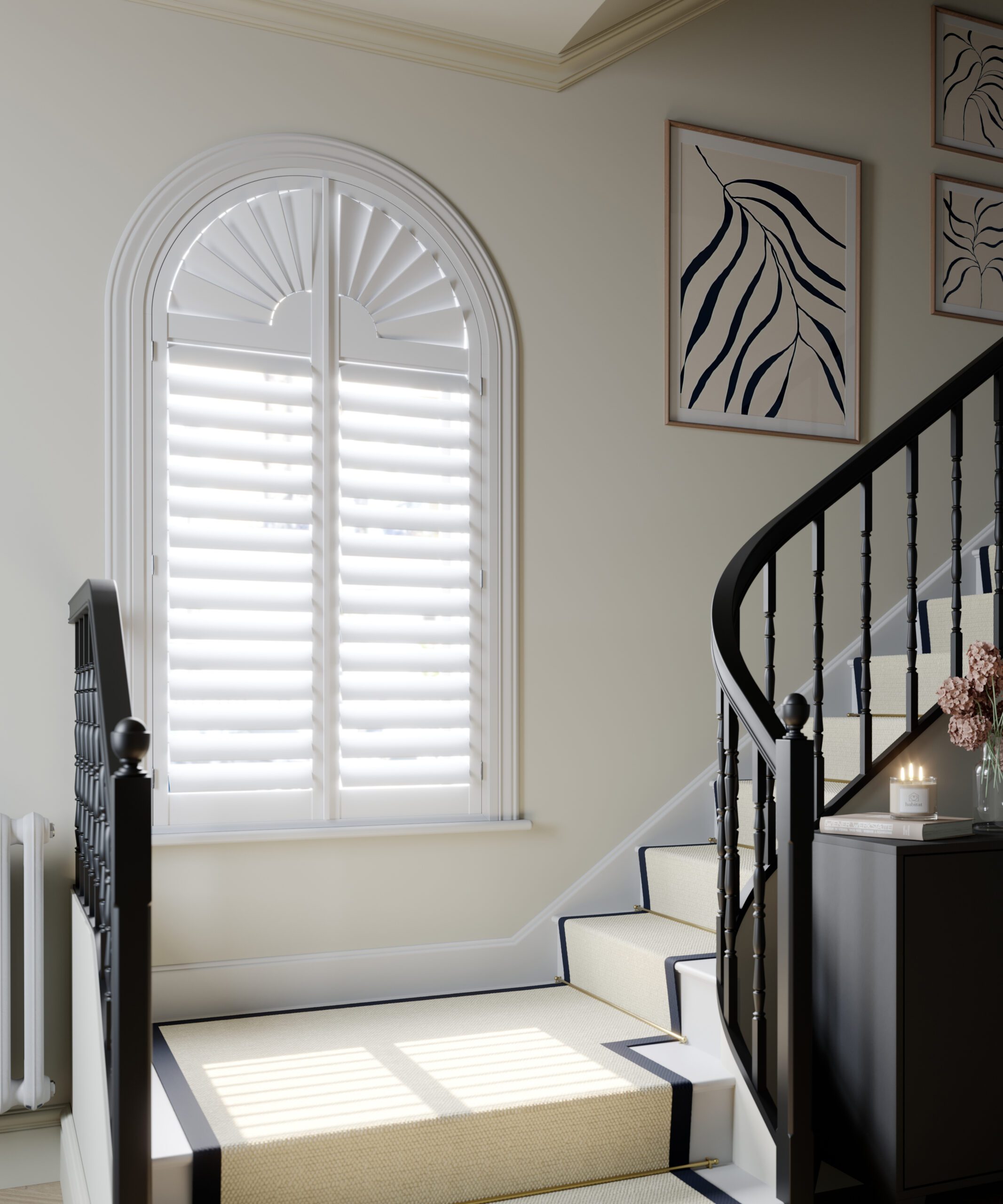 Landing Full Height Sunburst Arch Vivid White 76mm Slats scaled